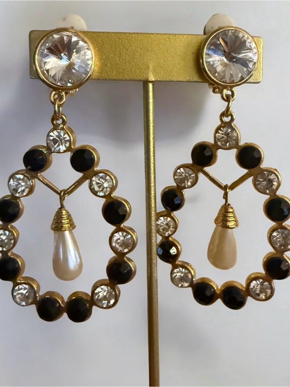 1990’s Gold Pearl Drop Earrings with Black and Clear Stones